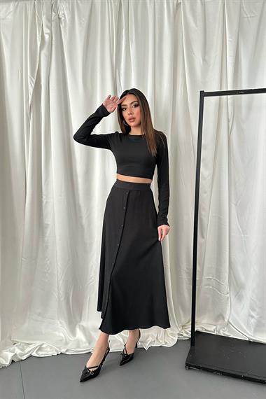 Toptan Siyah Fitilli Bluz & Etek Takım