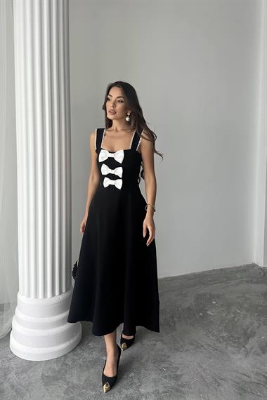 Toptan Siyah Fiyonk Garnili Dantelli Elbise