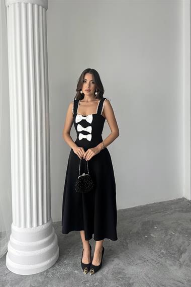 Toptan Siyah Fiyonk Garnili Dantelli Elbise