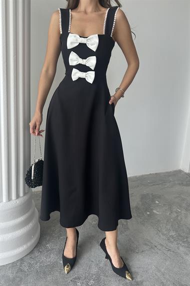 Toptan Siyah Fiyonk Garnili Dantelli Elbise