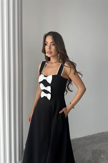 Toptan Siyah Fiyonk Garnili Dantelli Elbise