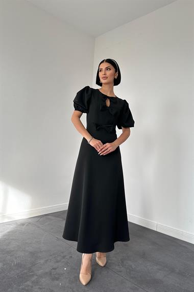 Toptan Siyah Fiyonklu Midi Elbise