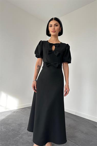 Toptan Siyah Fiyonklu Midi Elbise
