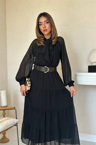 Toptan Siyah Fular Yaka Detaylı Şifon Elbise