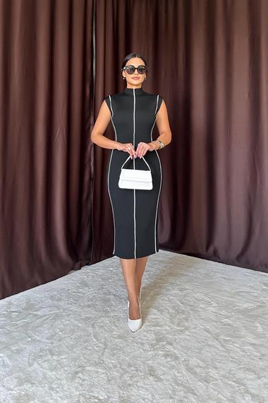 Toptan Siyah Garni Şeritli Triko Elbise