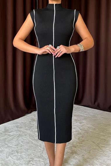 Toptan Siyah Garni Şeritli Triko Elbise