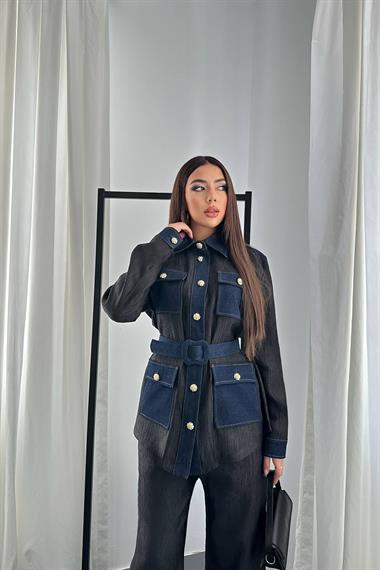 Toptan Siyah Garnili Cepli Gömlek ve Pantolon Takım