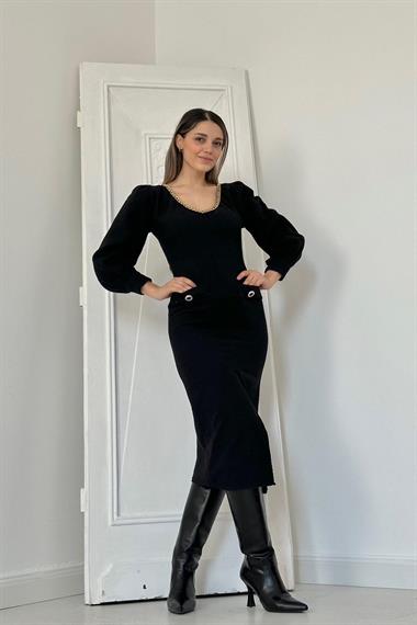 Toptan Siyah Geniş Boğazlı Elbise