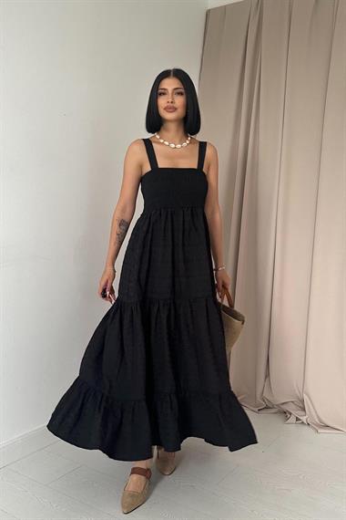 Toptan Siyah Gipeli Brode Elbise