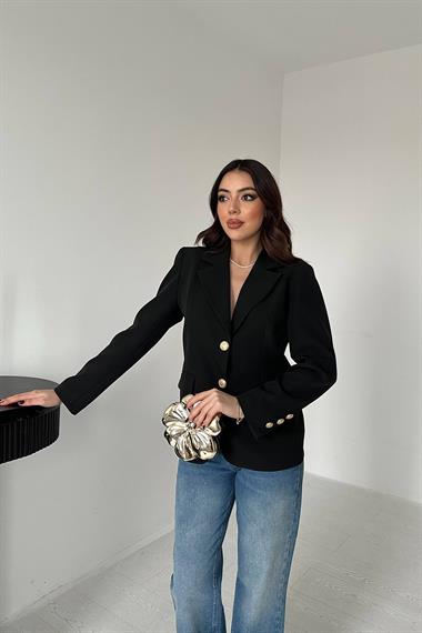 Toptan Siyah Gold Düğmeli Blazer Ceket