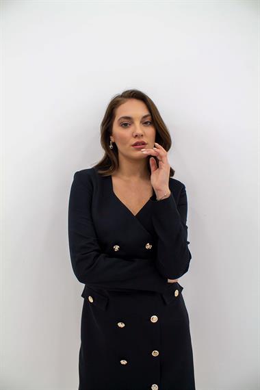 Toptan Siyah Gold Düğmeli Ceket Elbise