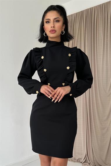 Toptan Siyah Gold Düğmeli Elbise