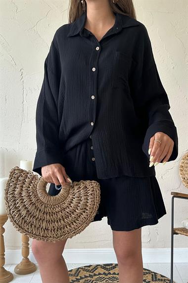 Toptan Siyah Gömlek ve Müslin Şort Takım