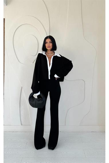 Toptan Siyah Gömlek Yakalı Bluz