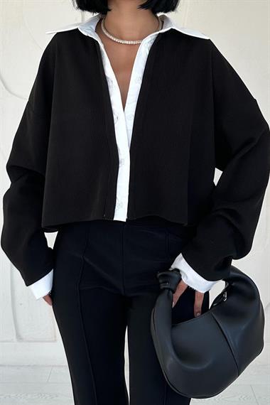 Toptan Siyah Gömlek Yakalı Bluz