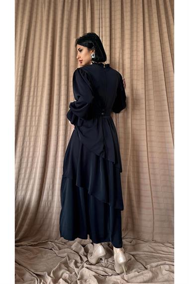 Toptan Siyah Gül Kemerli Kat Kat Elbise