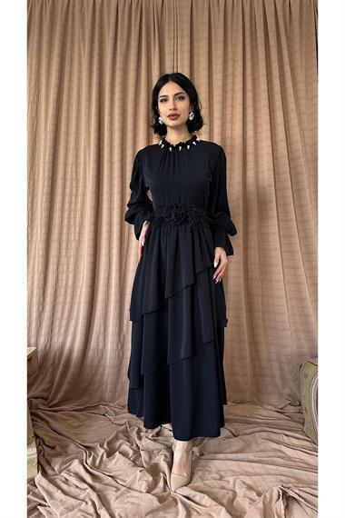 Toptan Siyah Gül Kemerli Kat Kat Elbise