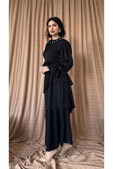 Toptan Siyah Gül Kemerli Kat Kat Elbise