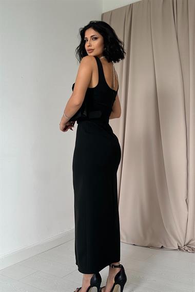 Toptan Siyah Gül Motifli Atlas Elbise