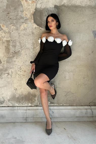 Toptan Siyah Gül Motifli Mini Elbise