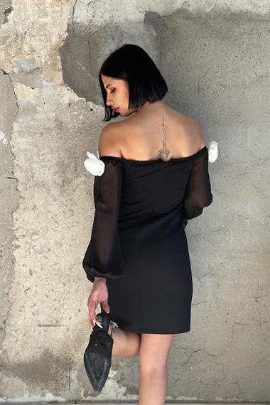 Toptan Siyah Gül Motifli Mini Elbise