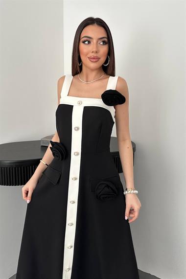 Toptan Siyah Güllü Askılı Elbise