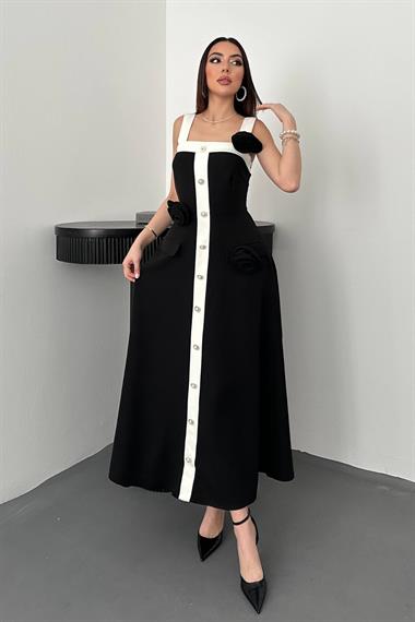 Toptan Siyah Güllü Askılı Elbise