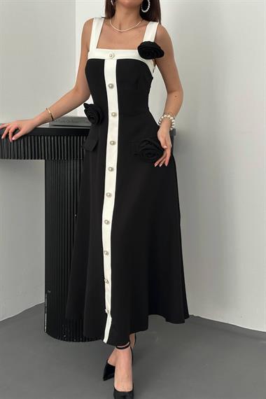 Toptan Siyah Güllü Askılı Elbise