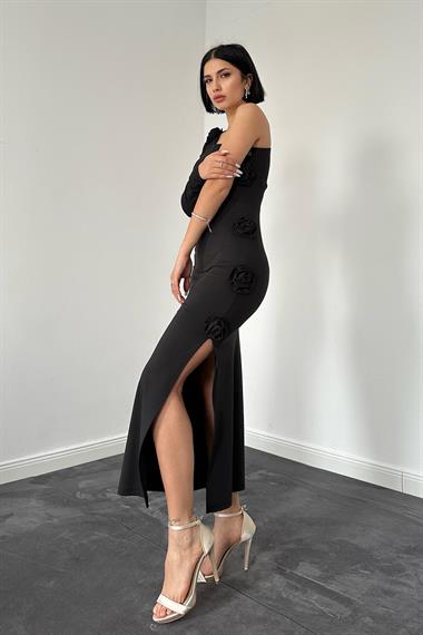 Toptan Siyah Güllü Tek Kol Elbise