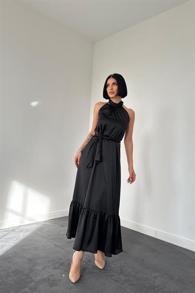 Toptan Siyah Halter Yaka Örgülü Elbise