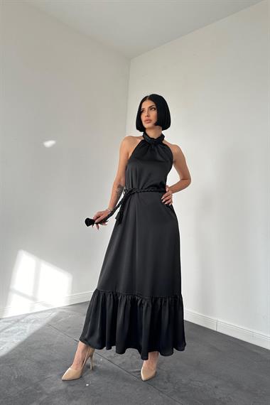 Toptan Siyah Halter Yaka Örgülü Elbise