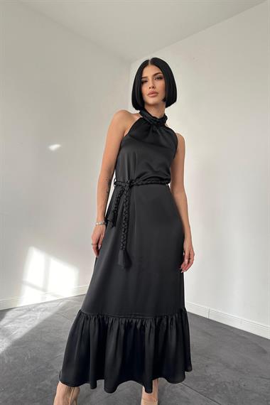 Toptan Siyah Halter Yaka Örgülü Elbise