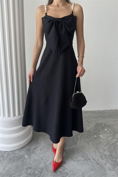 Toptan Siyah İnci Askı Detaylı Elbise