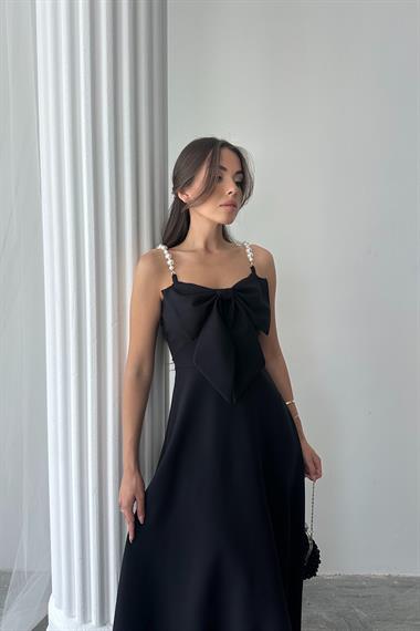 Toptan Siyah İnci Askı Detaylı Elbise