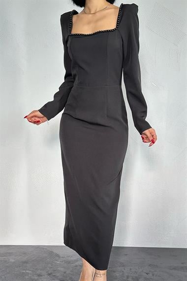 Toptan Siyah İnci Vatkalı Elbise