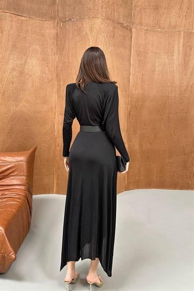 Toptan Siyah Işıltılı Deri Kemer Detaylı Elbise