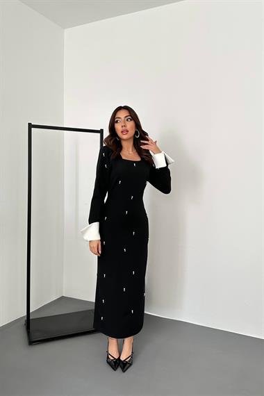 Toptan Siyah İşlemeli Atlas Elbise