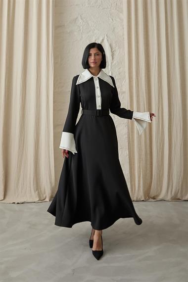 Toptan Siyah İşlemeli Garnili Pensli Elbise