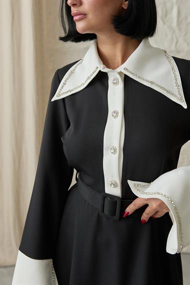 Toptan Siyah İşlemeli Garnili Pensli Elbise