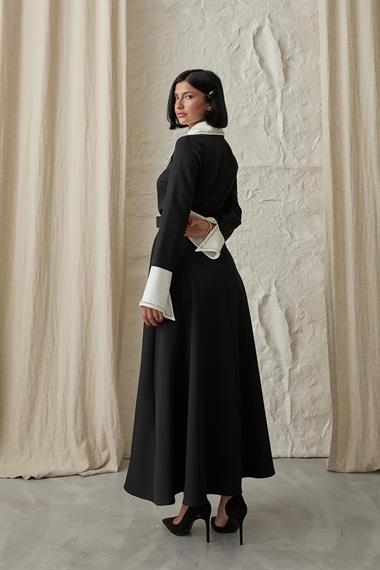 Toptan Siyah İşlemeli Garnili Pensli Elbise