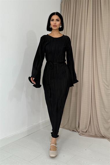 Toptan Siyah İspanyol Kol Piliseli Elbise