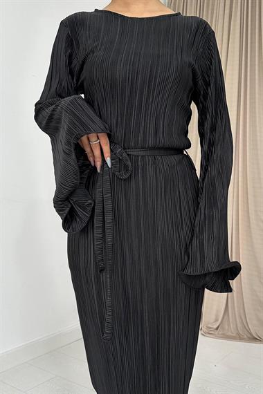 Toptan Siyah İspanyol Kol Piliseli Elbise