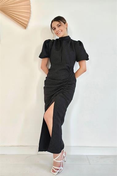 Toptan Siyah Jakarlı ve Desenli Elbise