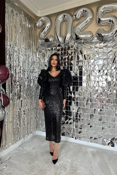 Toptan Siyah Kabarık Kollu Önü Dekolteli Elbise