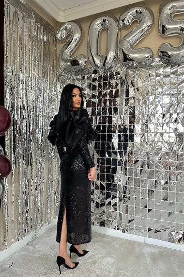 Toptan Siyah Kabarık Kollu Önü Dekolteli Elbise