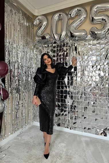 Toptan Siyah Kabarık Kollu Önü Dekolteli Elbise