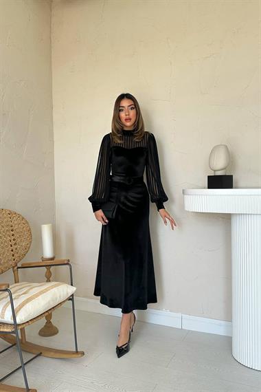 Toptan Siyah Kadife Dantel Detaylı Elbise