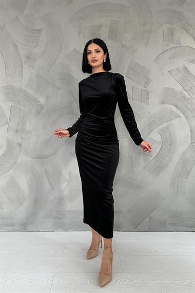 Toptan Siyah Kadife Dik Yaka Elbise