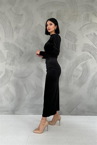 Toptan Siyah Kadife Dik Yaka Elbise