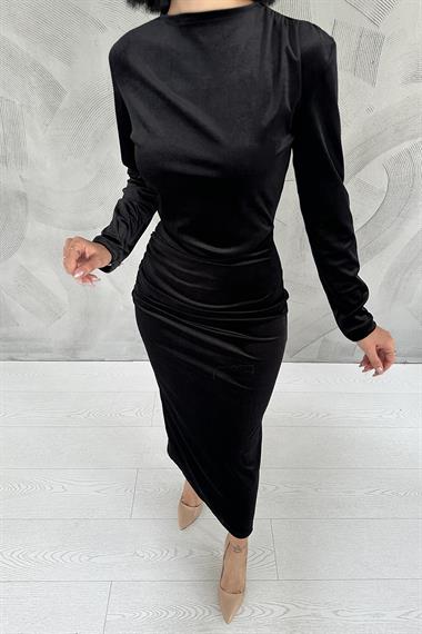 Toptan Siyah Kadife Dik Yaka Elbise